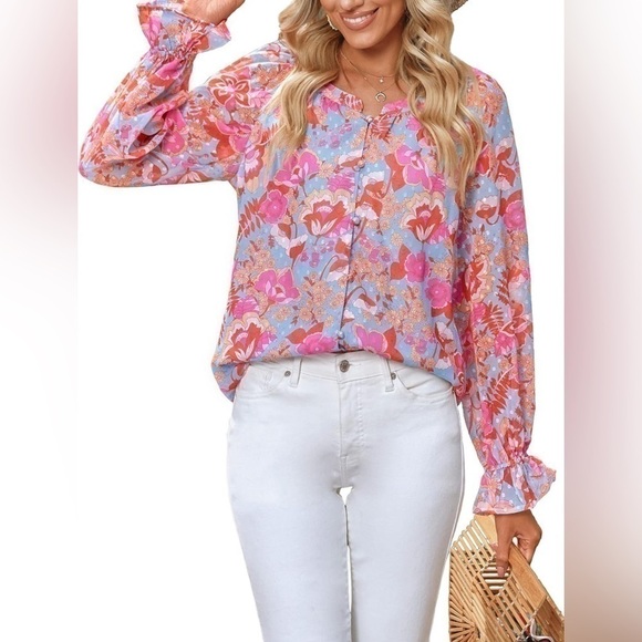 Tops - Dressy Casual Button Down Blouse Floral Peasant Tops Lantern Ruffle Long Sleeve